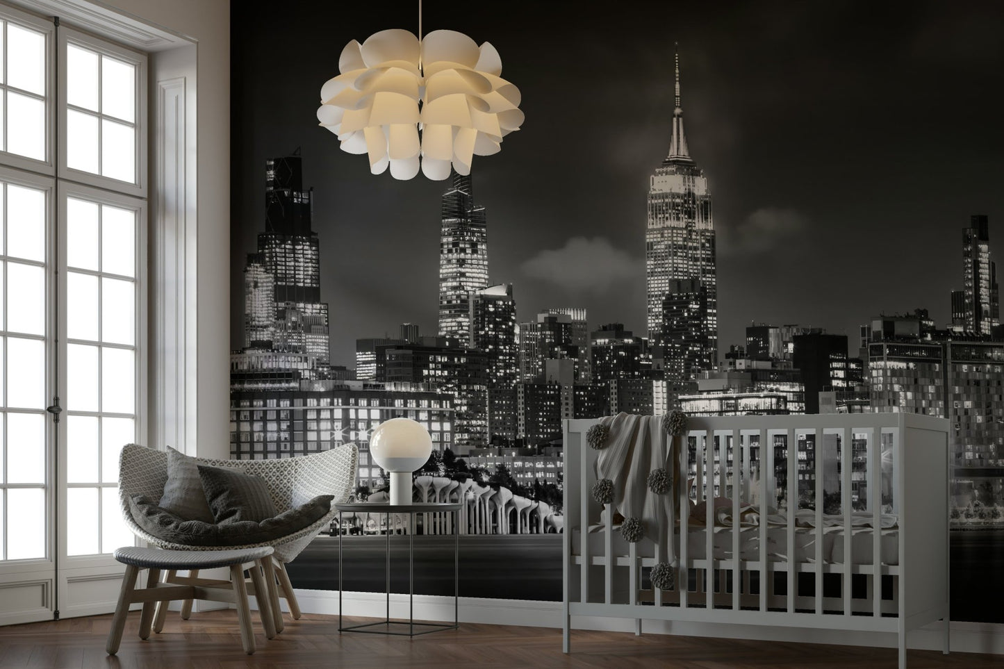 Hudson River reflections under high-rise cityscape mural

