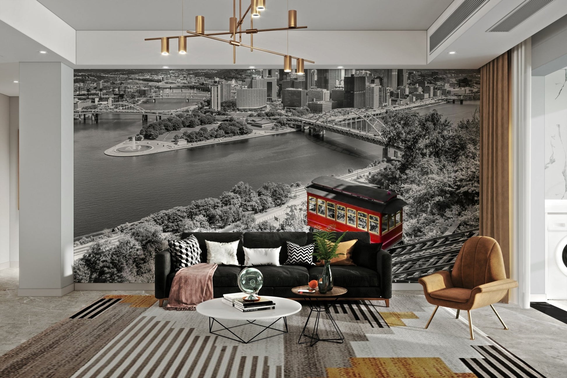 Peel and stick Pittsburgh skyline mural with incline view

