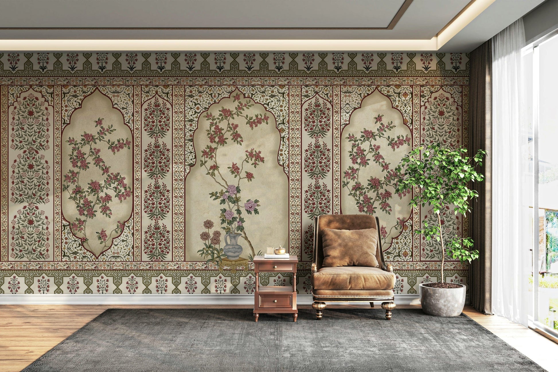 The design features a repeating motif inspired by a traditional jharokha.

