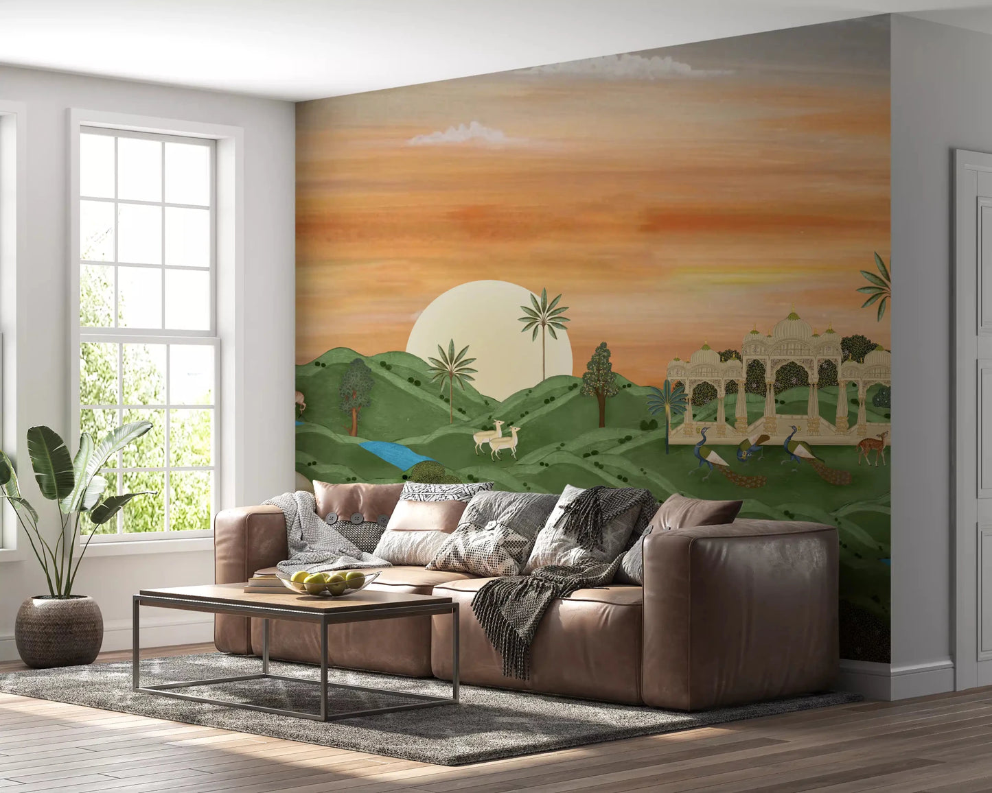 Peacocks and palace pavilion Indian horizon wall mural scene