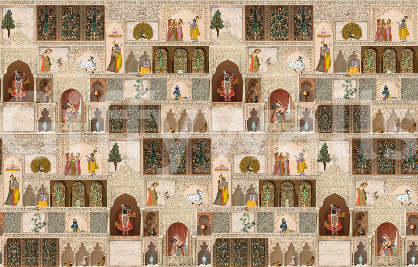 Cultural Indian miniature painting style palace wall mural artwork