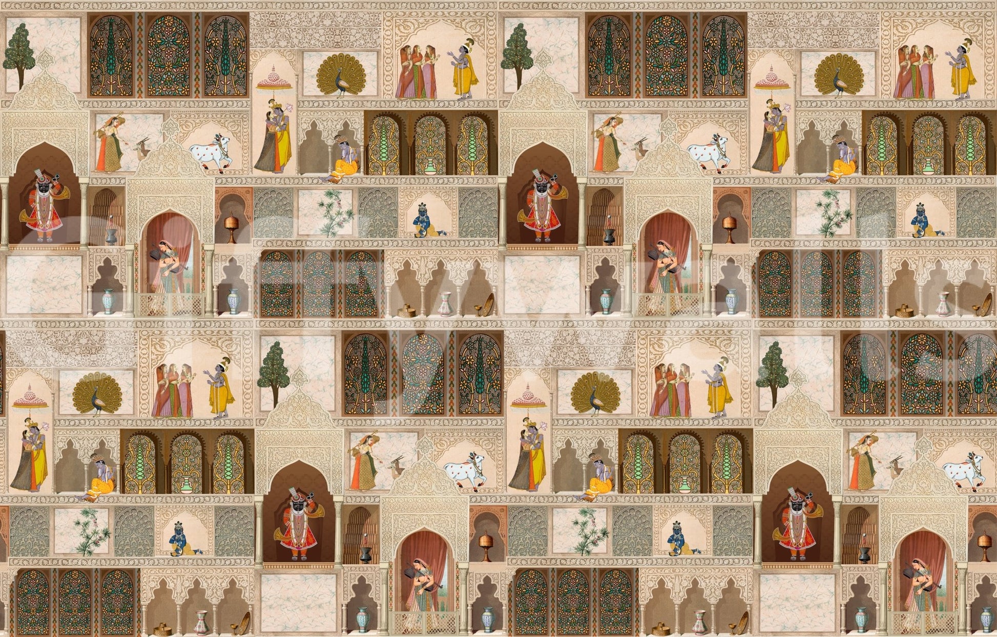 Cultural Indian miniature painting style palace wall mural artwork
