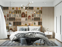 Indian Palace Narrative wall mural with Mughal palace arches and royal figures