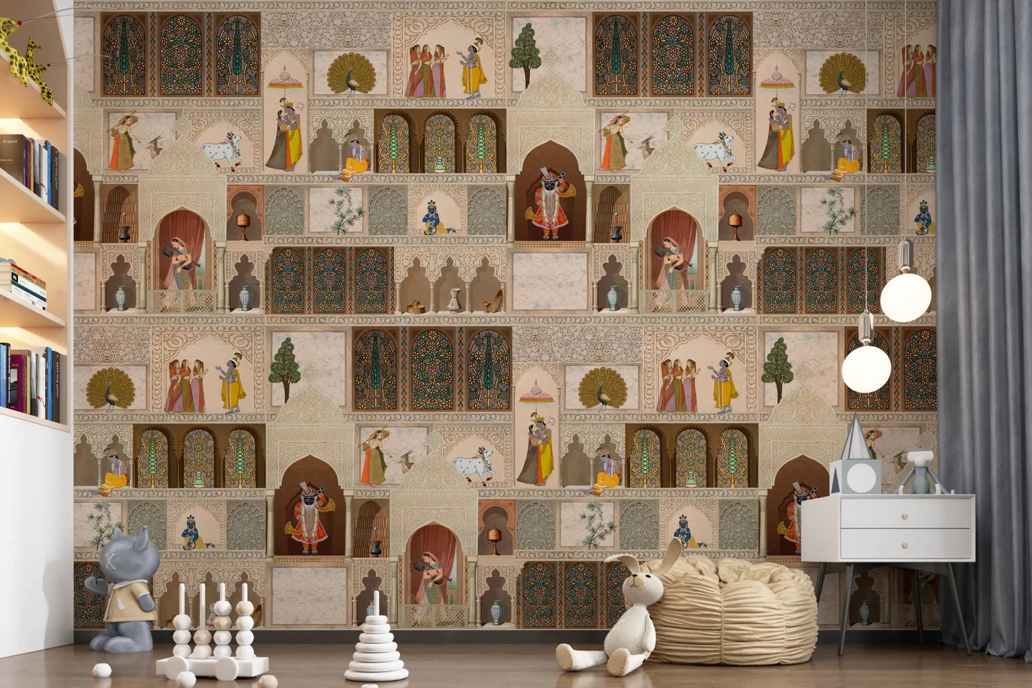 Indian Palace Narrative wall mural with cultural palace artwork panels