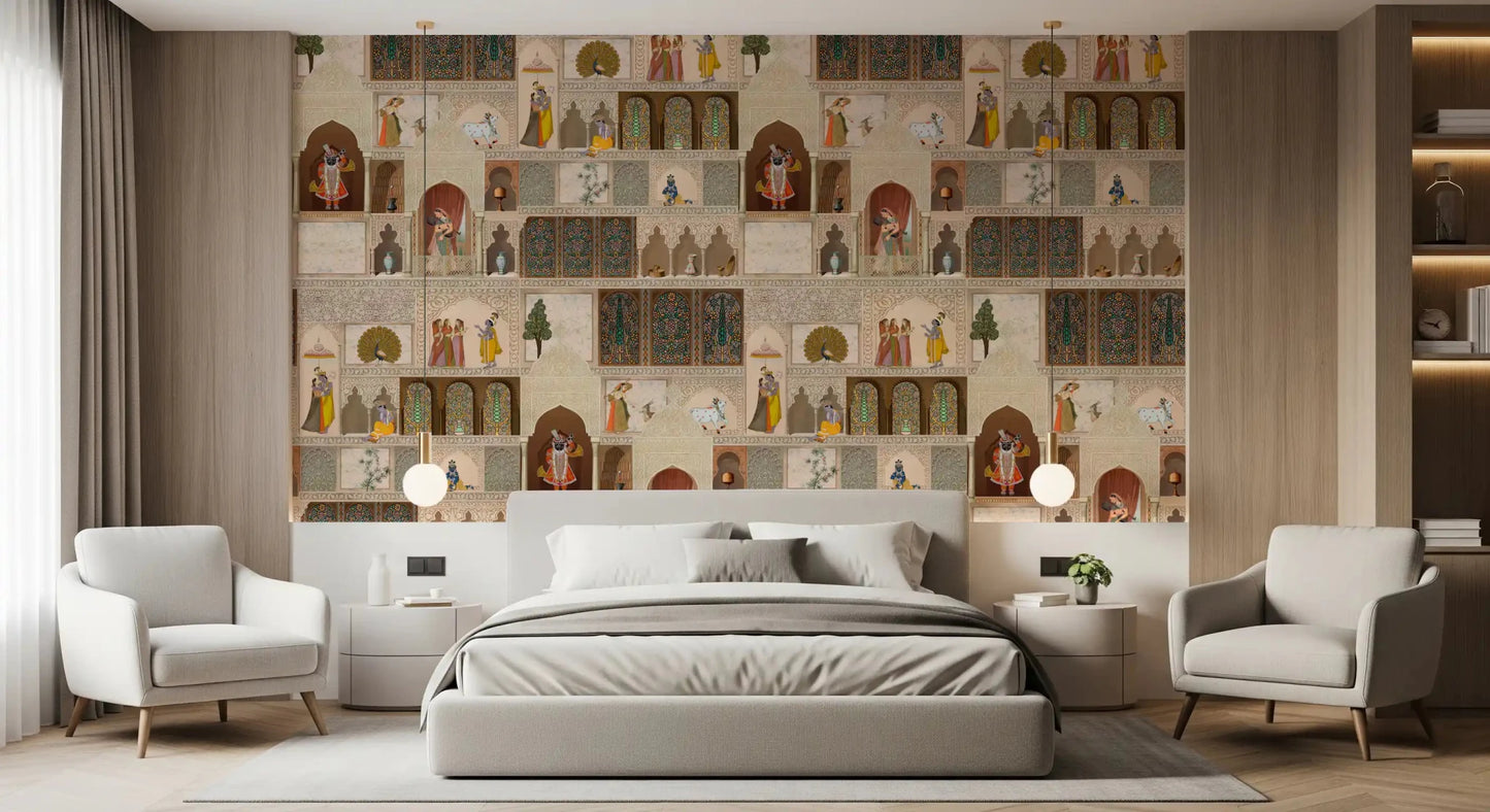 Heritage palace illustration wall mural with Indian royal court scenes