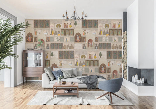 Indian Palace Narrative wall mural for hallway featuring peacocks and palace windows