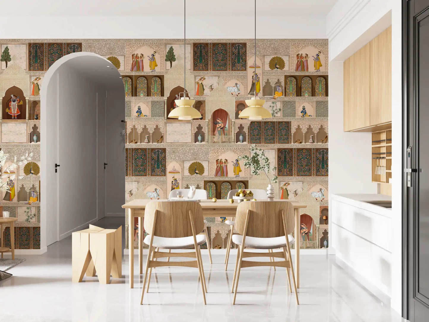 Historic Indian palace storytelling illustration wall mural design for a dining area.