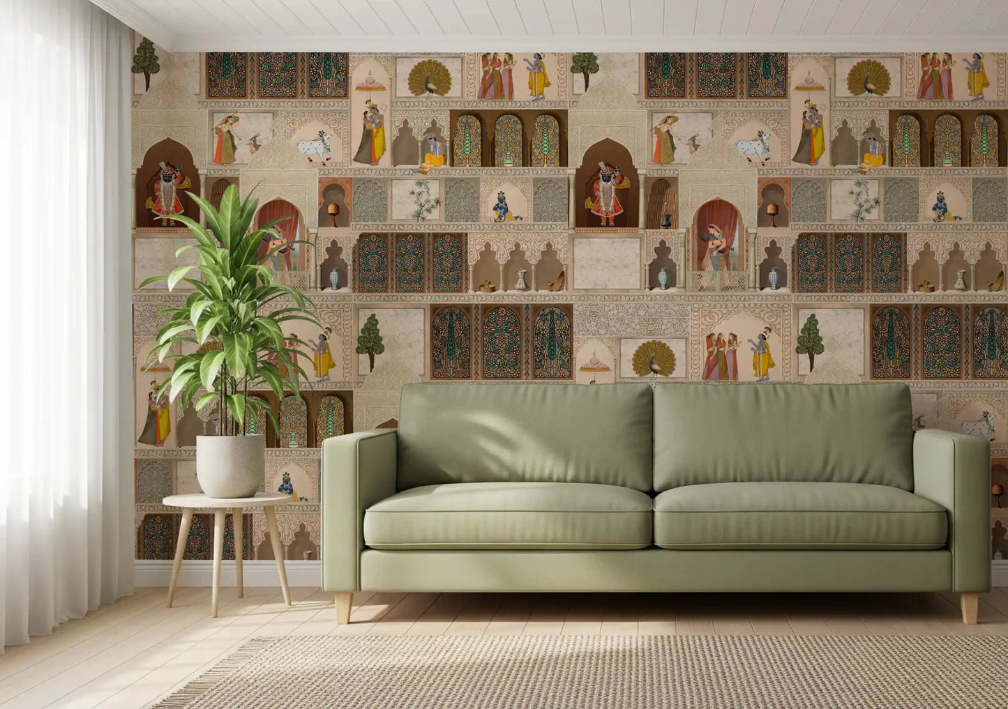 Mughal inspired palace artwork wall mural with traditional Indian scenes
