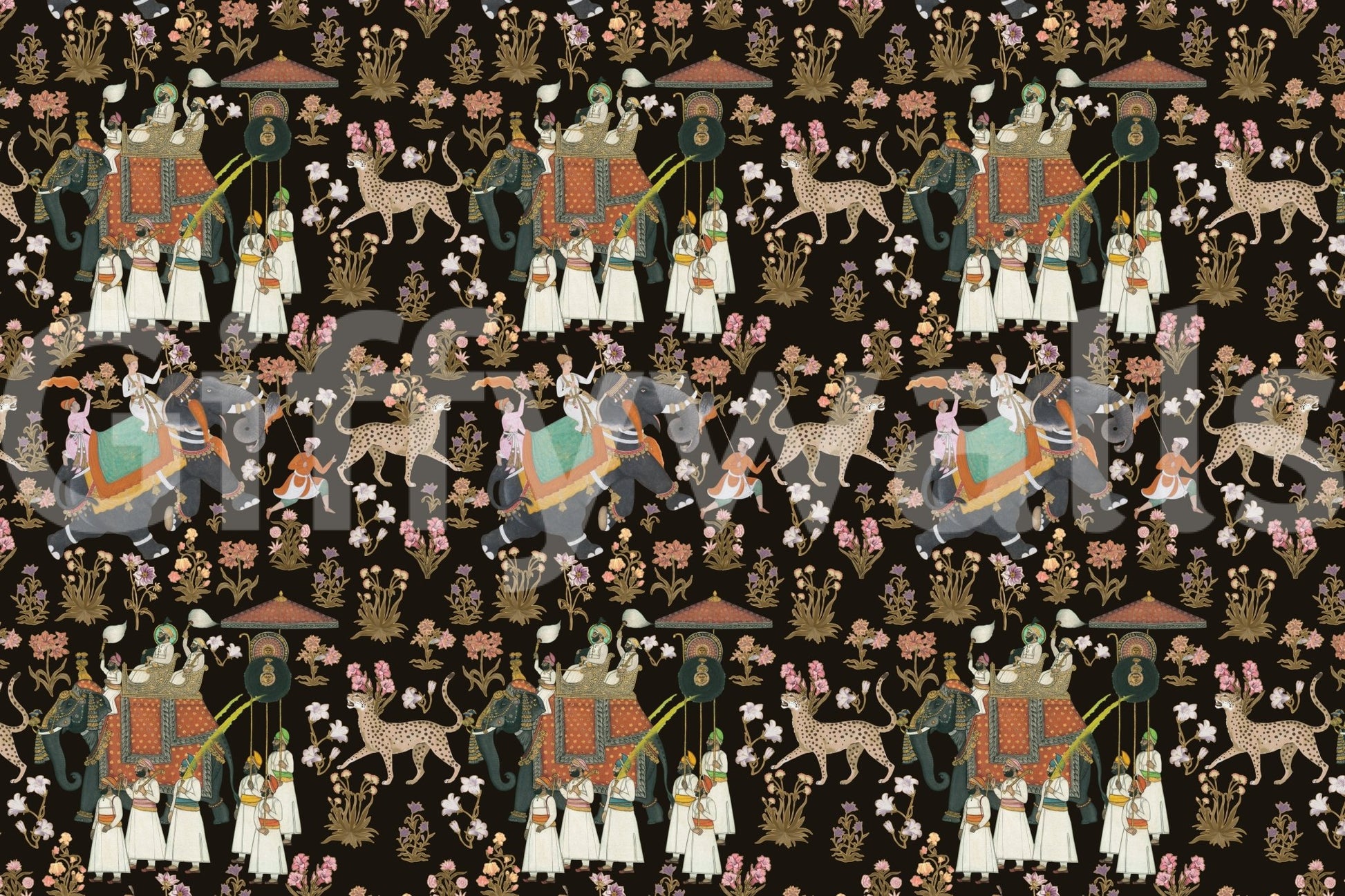 Indian Palace Procession Wall Mural with floral accents on dark backdrop.