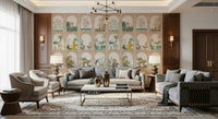 Elegant entryway featuring a mural of a marble palace courtyard with soft lighting.