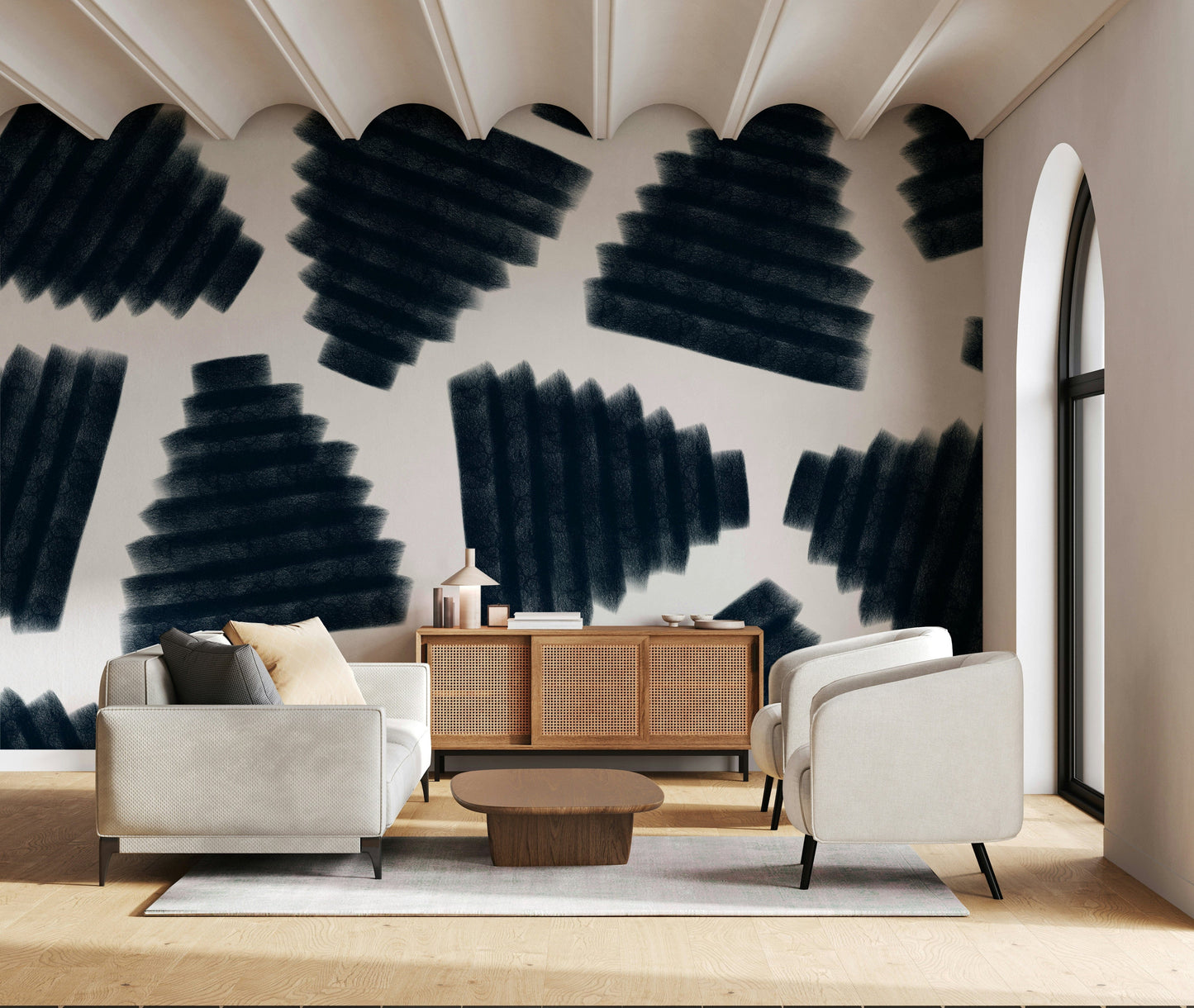 Deep indigo abstract mural with watercolor-inspired patterns bringing elegance to interiors.