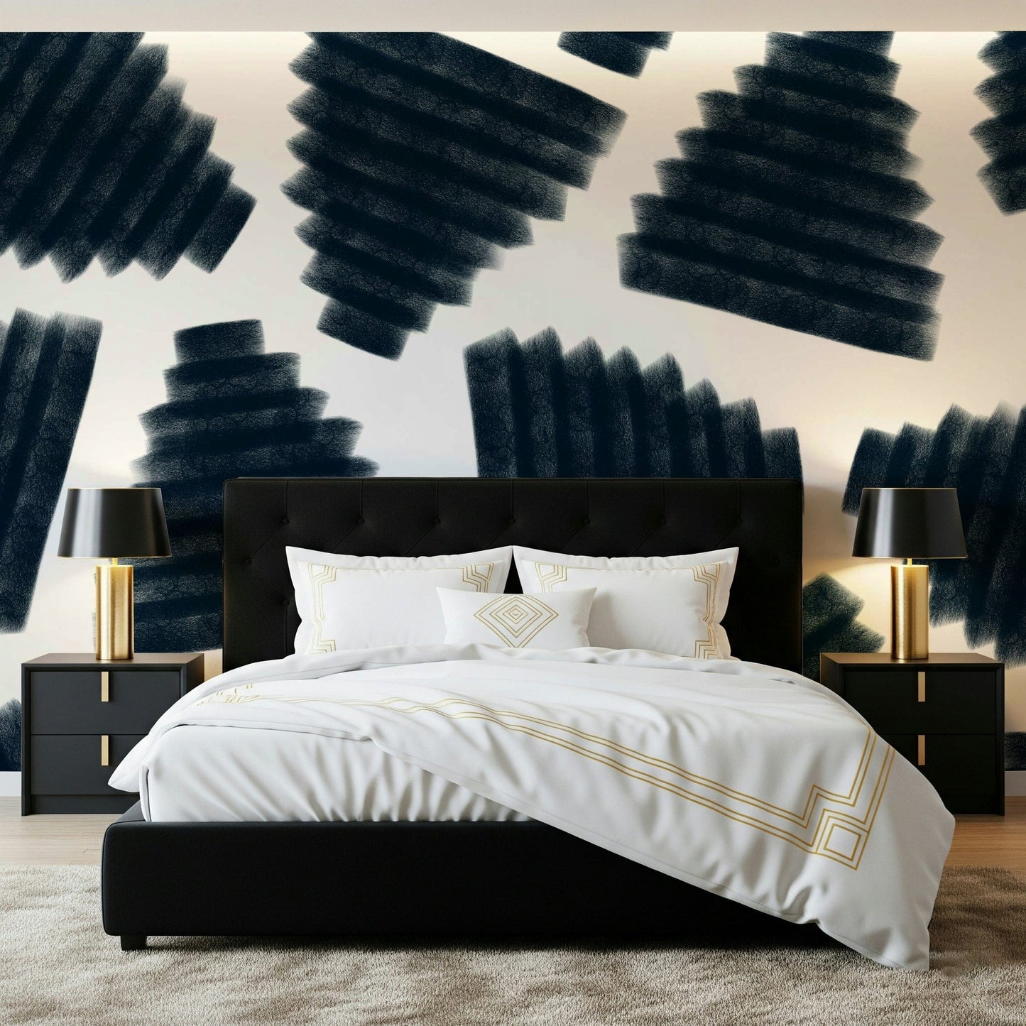Modern wall mural with indigo abstract design creating a calm and sophisticated atmosphere.