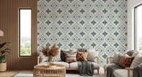 Detailed Indigo Bloom Tiles Wallpaper with leaf illustrations