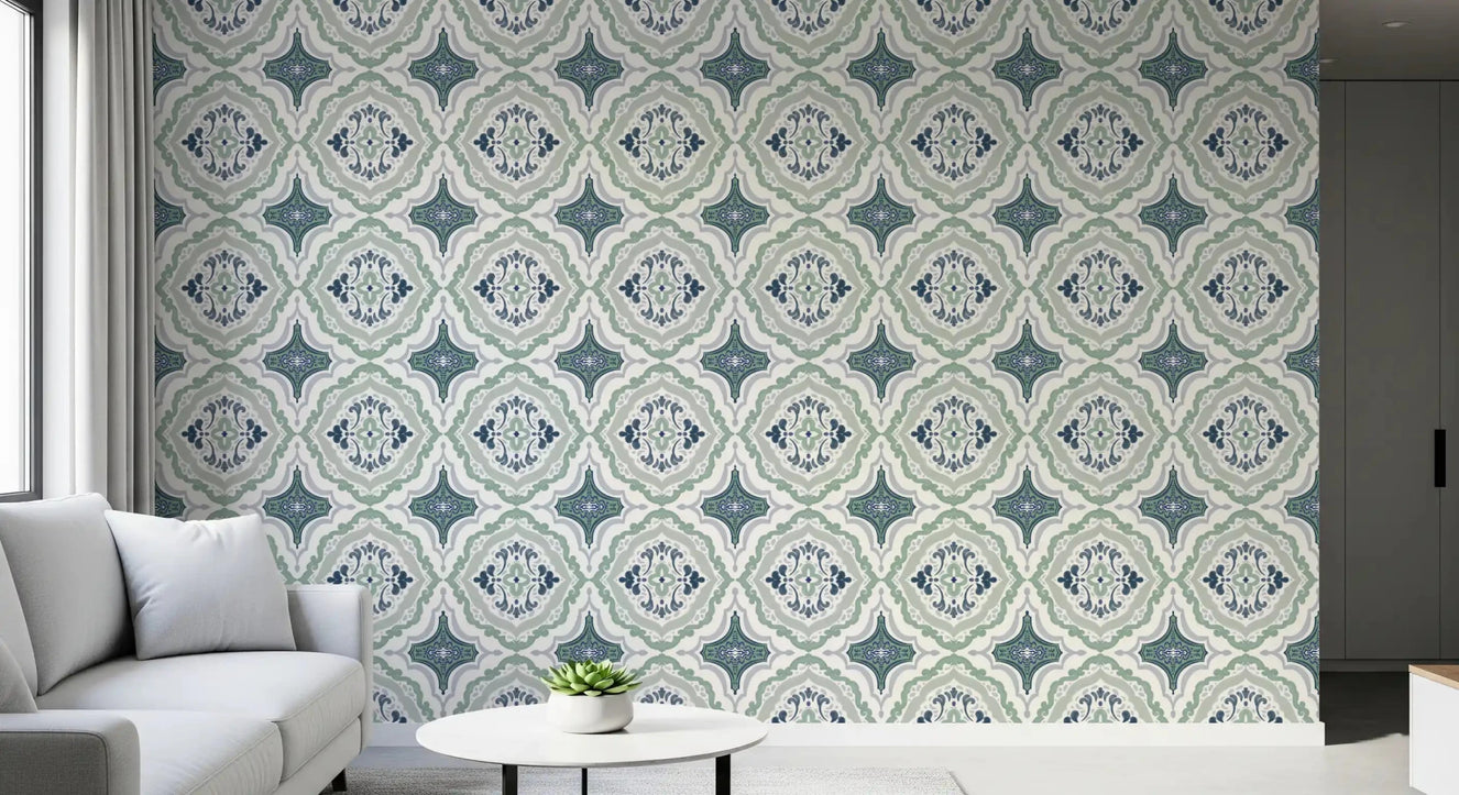 Indigo Bloom Tiles Wallpaper featuring dark blue botanical motifs for hallway 