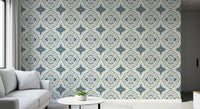 Indigo Bloom Tiles Wallpaper featuring dark blue botanical motifs for hallway 