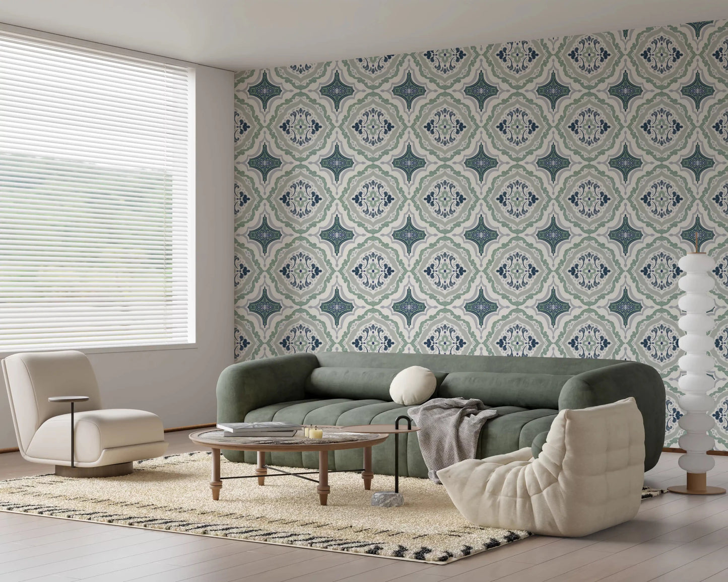 Deep navy blue Indigo Bloom Tiles Wallpaper with white details