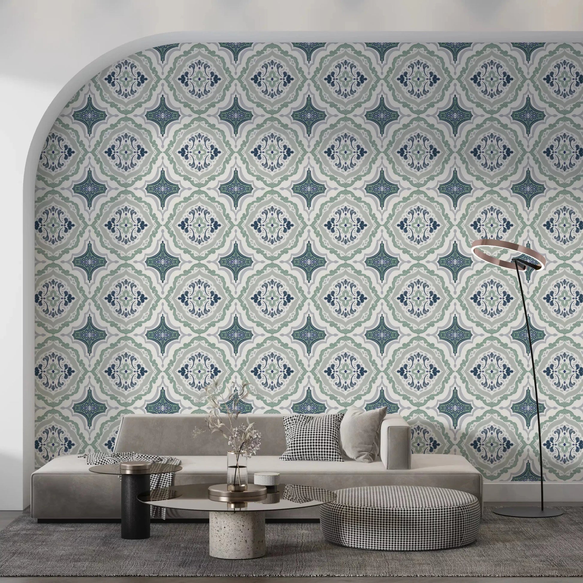 Indigo Bloom Tiles wall mural with a classic tile layout