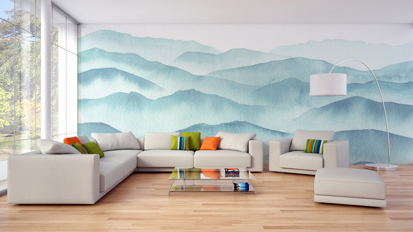 Indigo Blue Watercolor Mountains Wallpaper Murals - Giffywalls