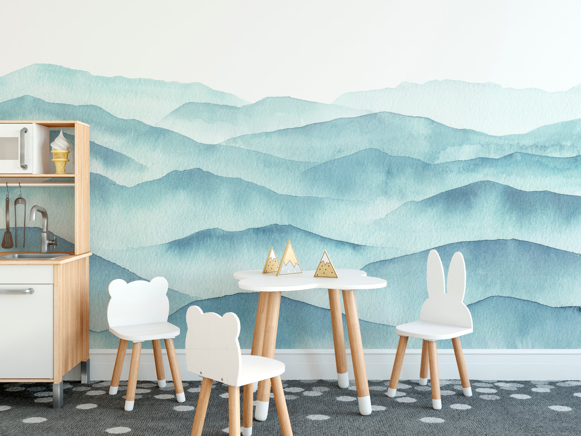 blue watercolor mountains mural wallpaper