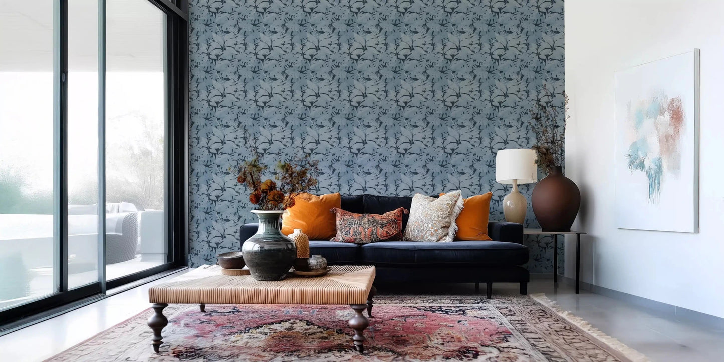 Dark botanical wallpaper with layered monstera leaf pattern