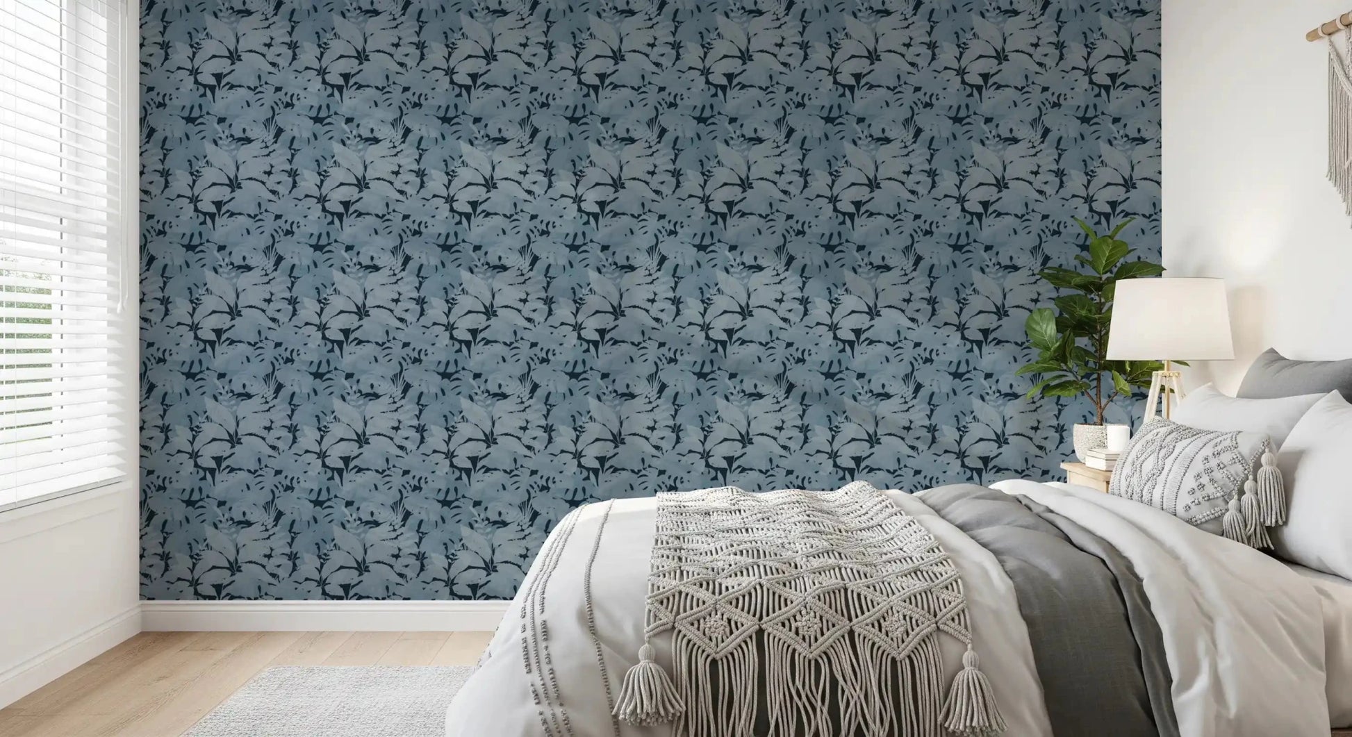 Bedroom Indigo Botanical Monstera wallpaper with tropical leaf print