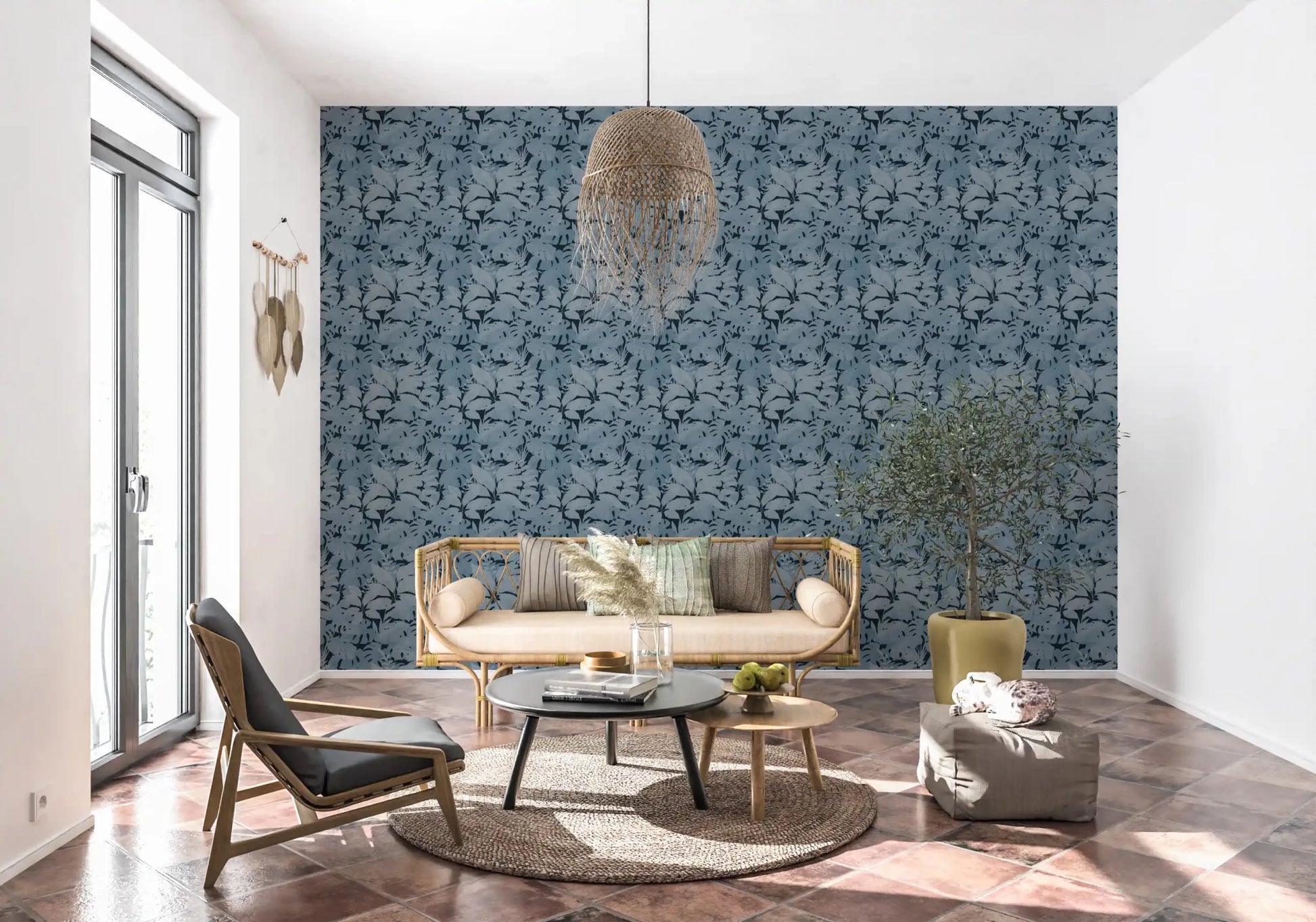 Office Indigo Botanical Monstera wallpaper with leaf repeat pattern