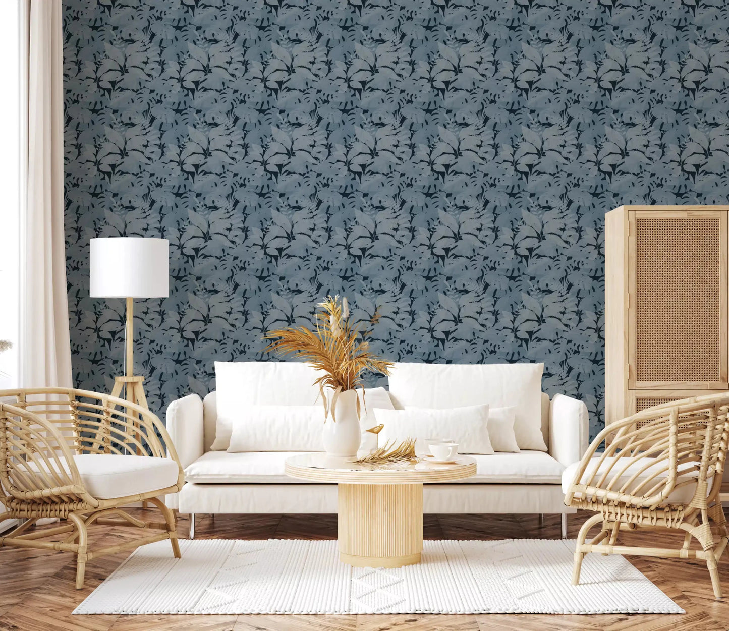 Tropical leaf wallpaper with indigo monstera and layered foliage