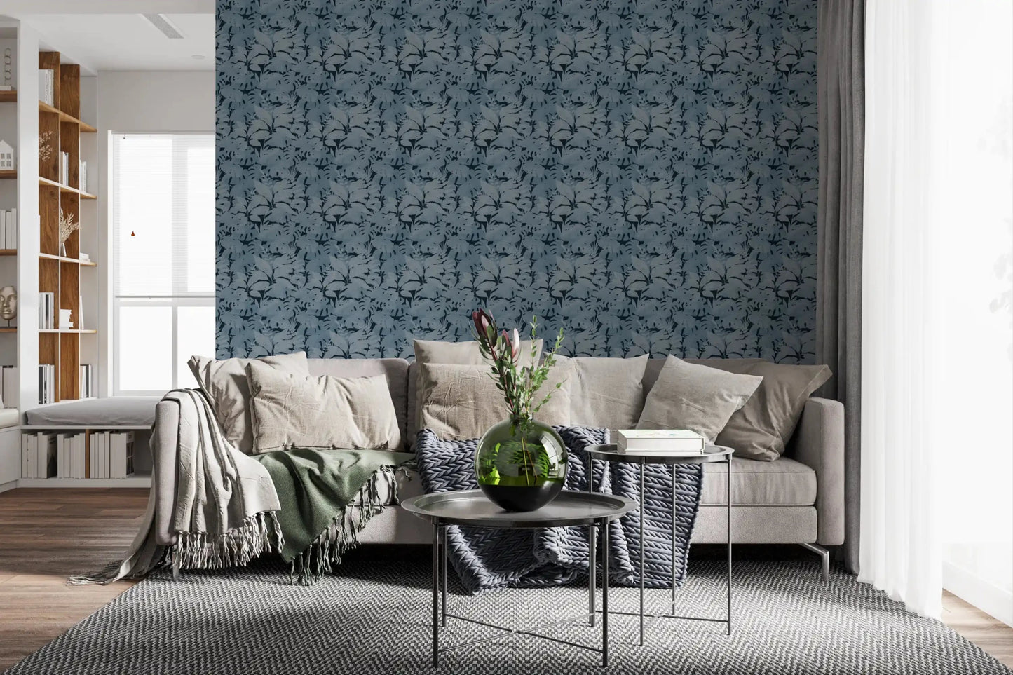 Indigo Botanical Monstera wallpaper showing dense leaf pattern
