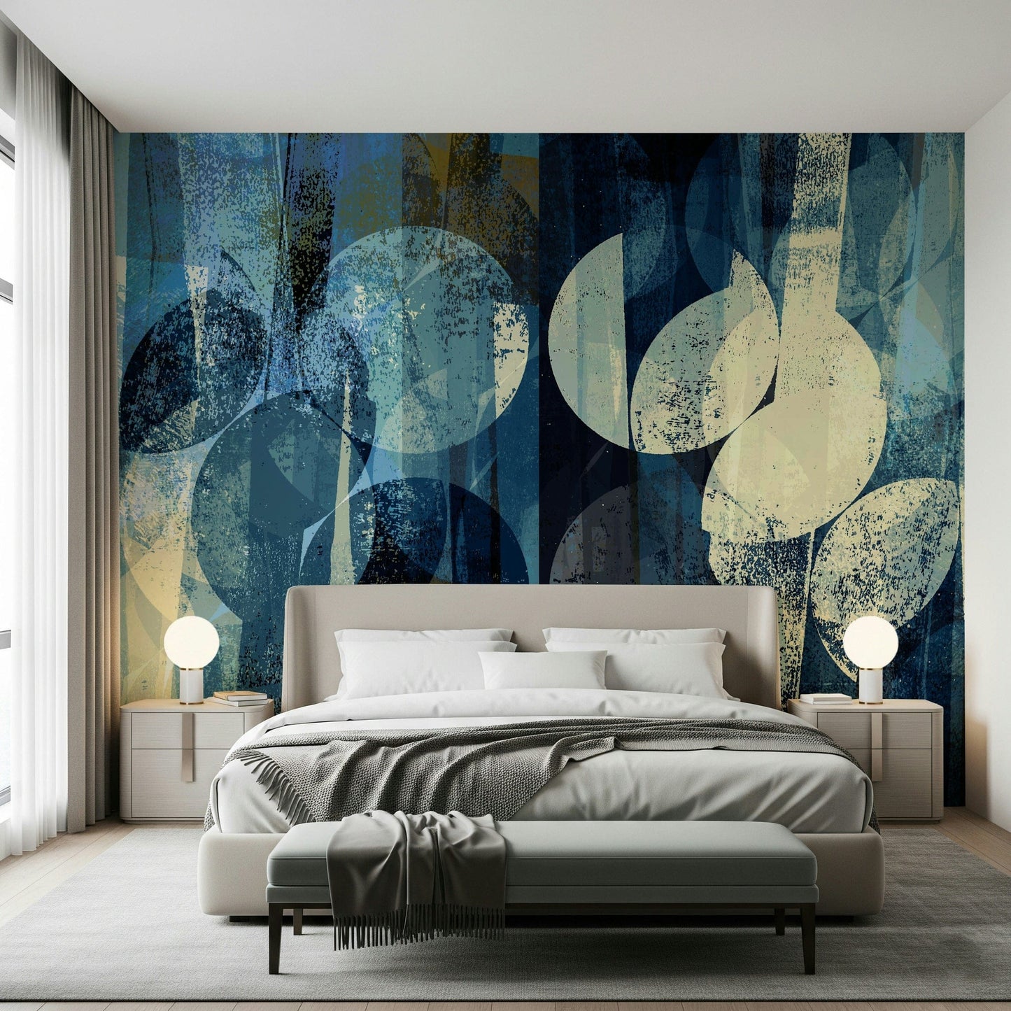 A peaceful modern abstract mural on decorative wallpaper.