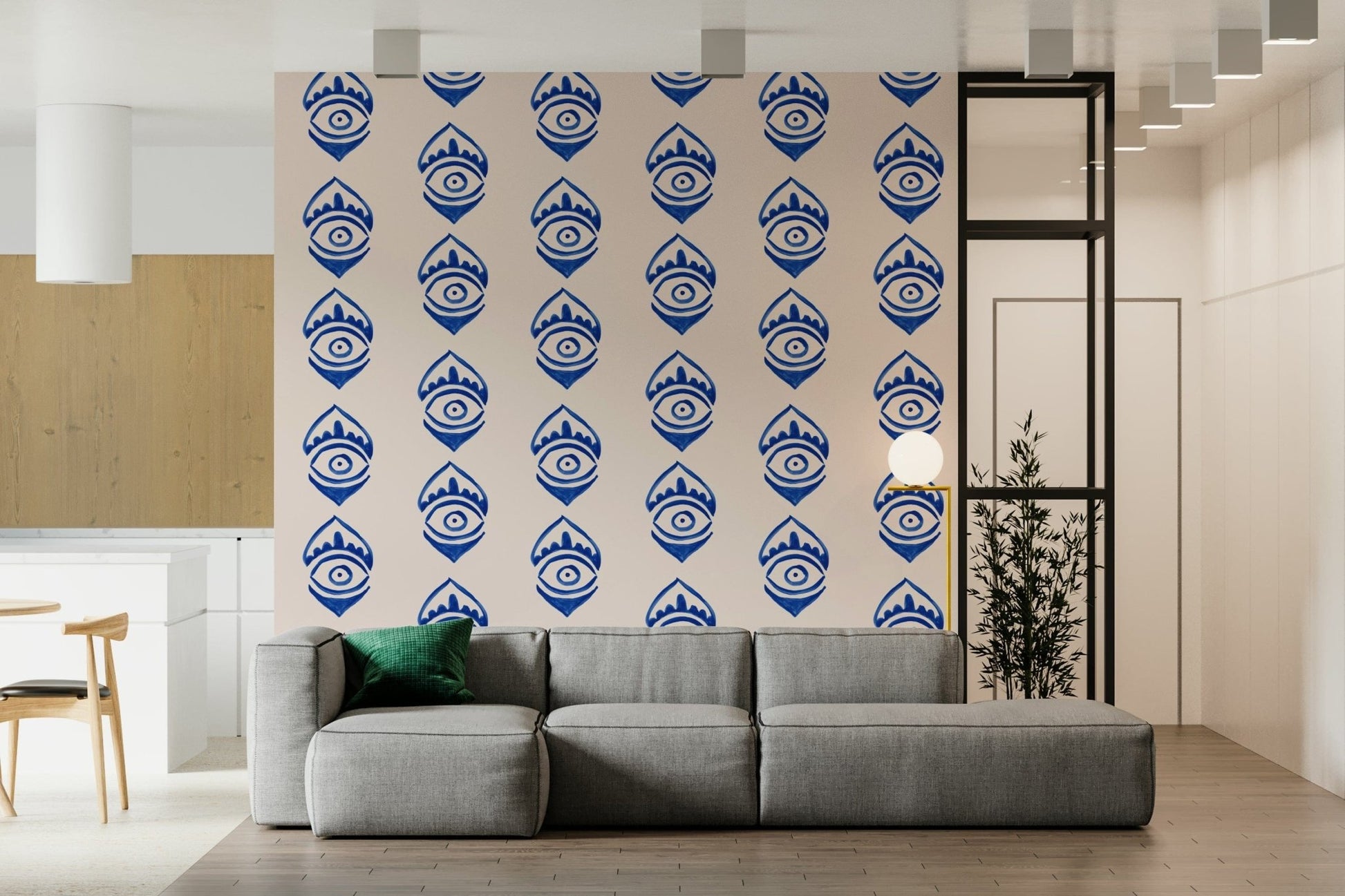 Stylized eye design in dark indigo creating a captivating wall accent.