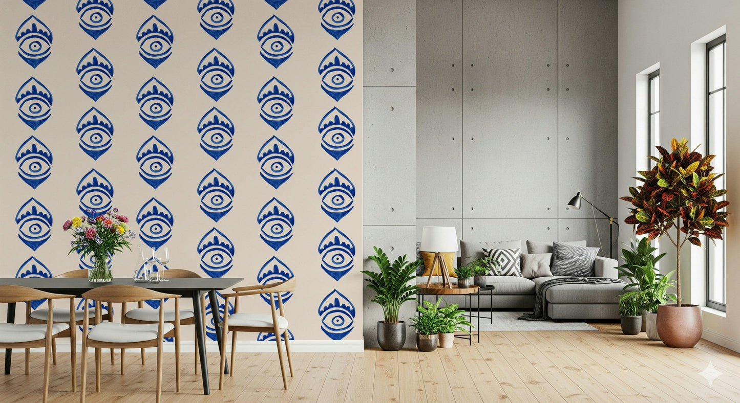 Graphic indigo eye pattern adding a mystical and contemporary touch to walls.