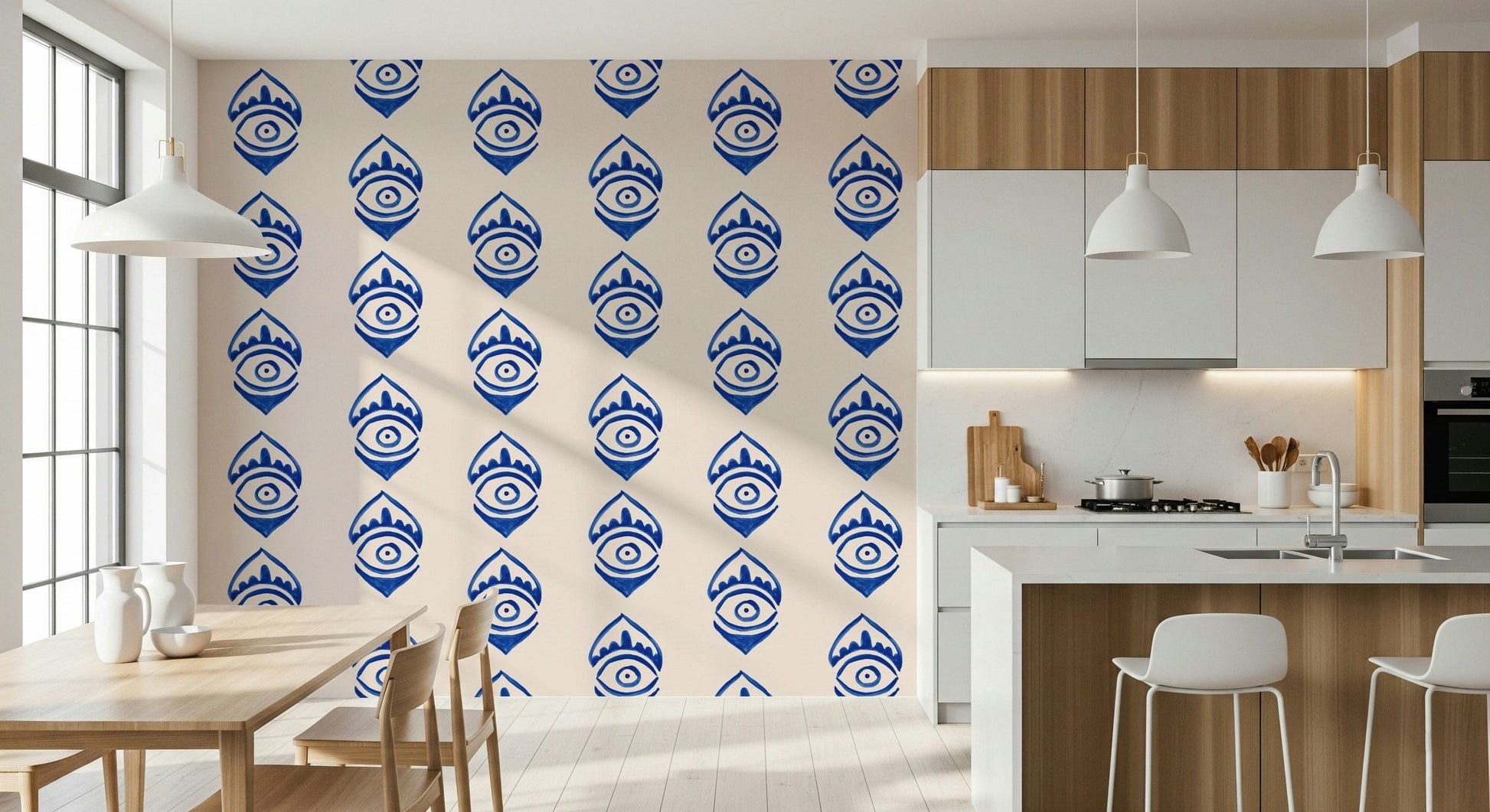 Repeating indigo eye shapes forming a bold, modern abstract mural.