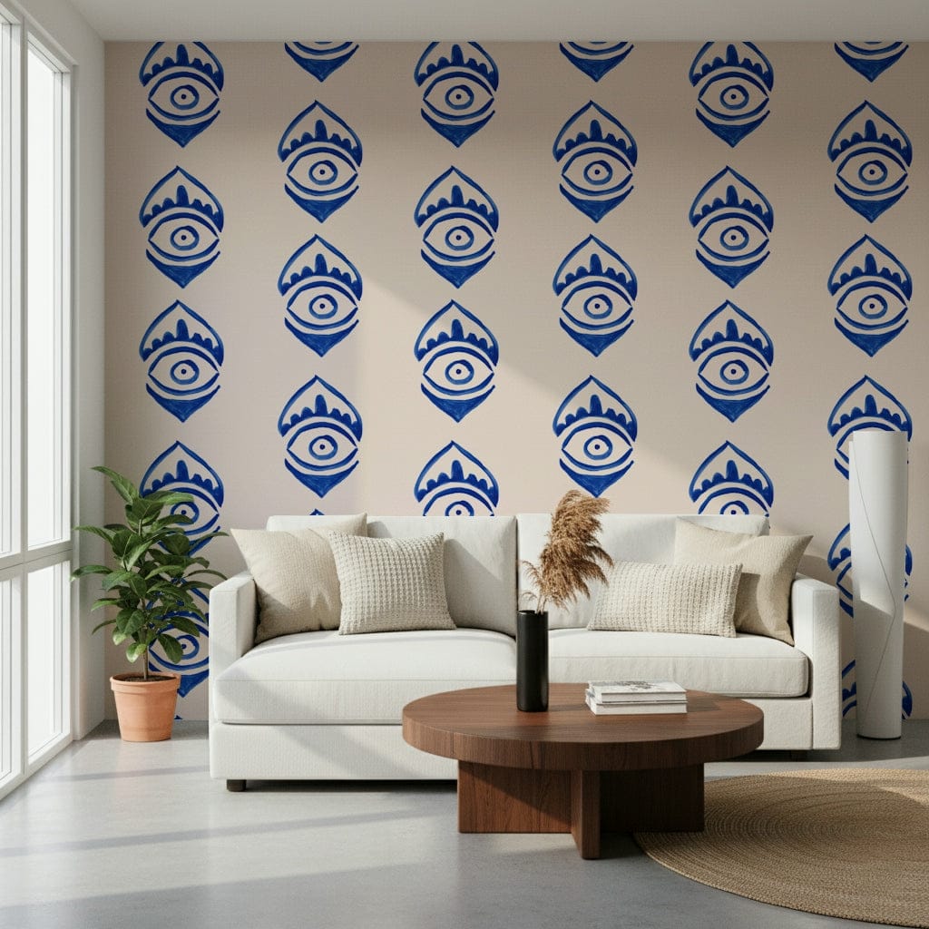 Deep blue eye symbols arranged in a rhythmic, artistic wall design.
