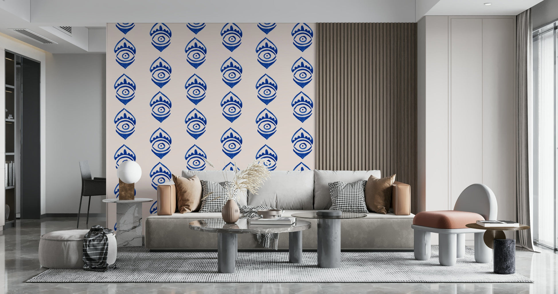 Mystical indigo eye design mural with repeating symbolic eye shapes.