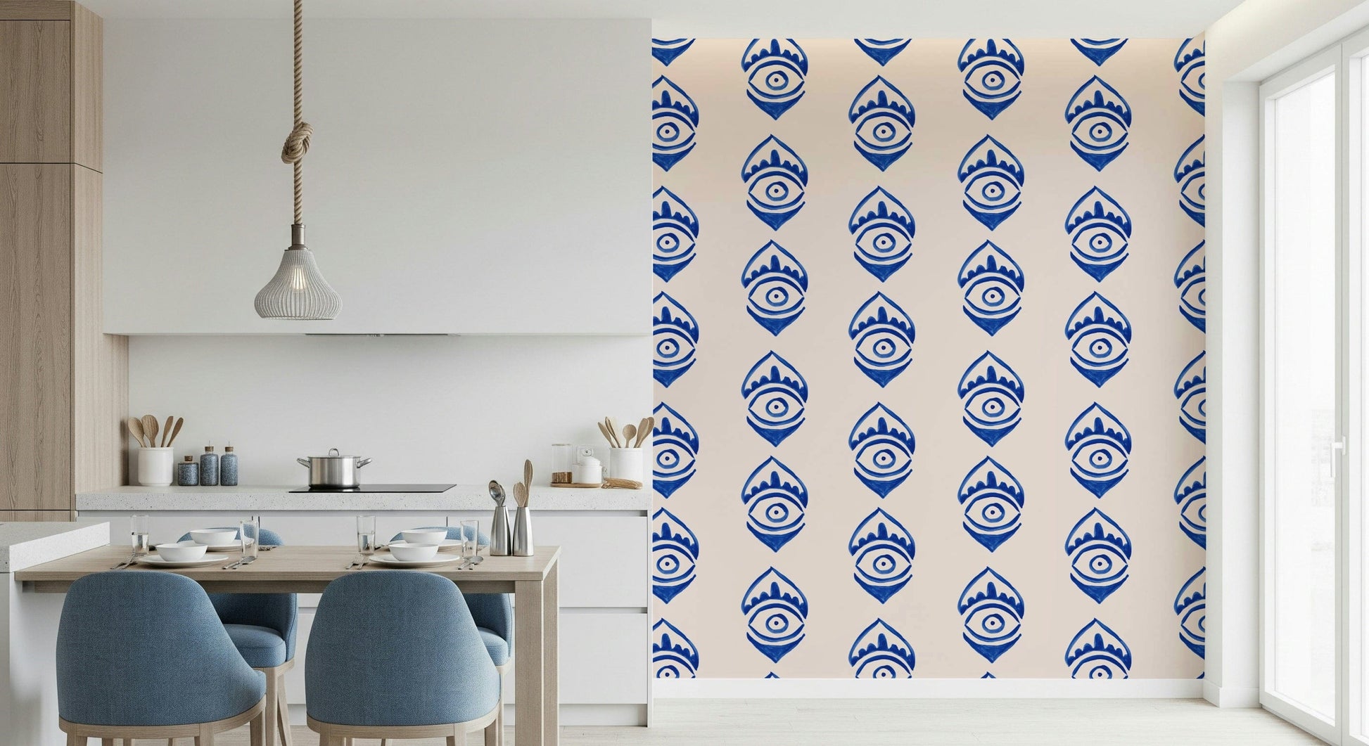Indigo eye motif wallpaper featuring bold, stylized eye patterns in deep blue tones.