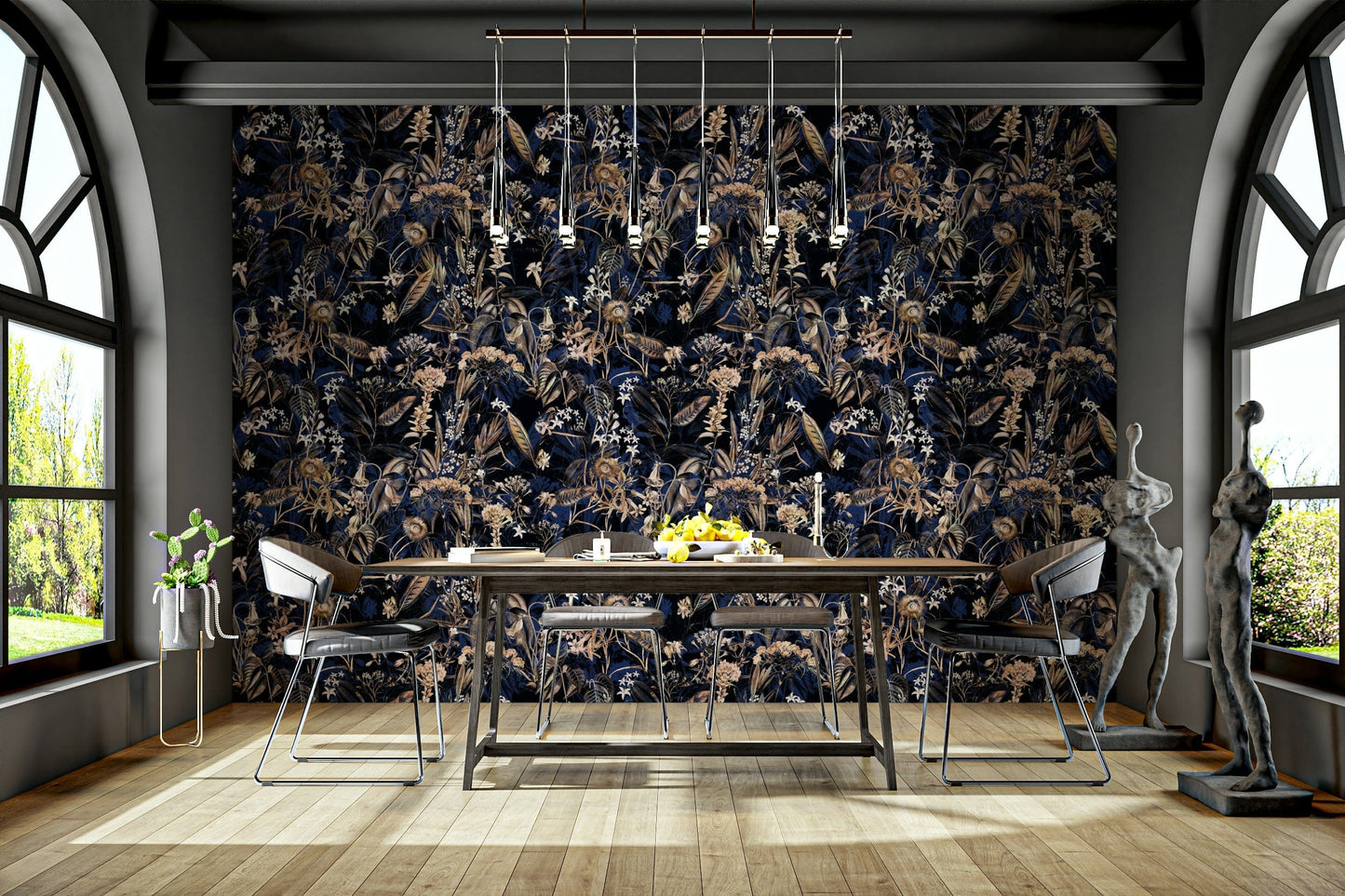 A dining room decorated with a golden mural

