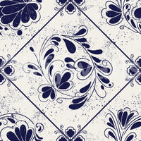 Vintage Indigo Floral Tiles Wallpaper on stair wall, repeating indigo tiles, classic style