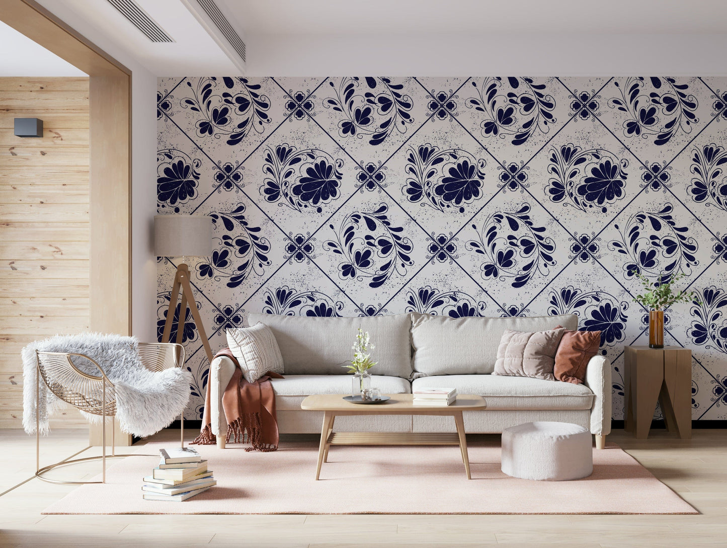 Indigo floral tiles wallpaper in dining room, classic tile look, tidy home décor