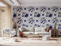 Indigo floral tiles wallpaper in dining room, classic tile look, tidy home décor