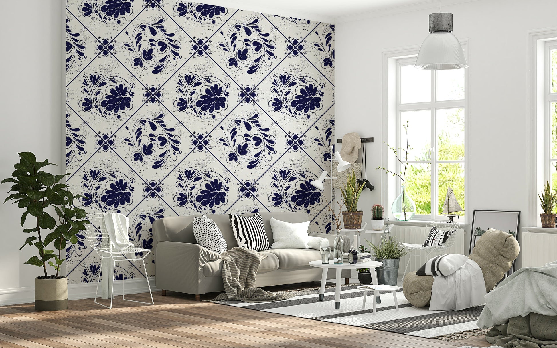 Vintage tile-style floral wallpaper in home office, indigo pattern, clean workspace backdrop