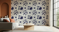 Vintage indigo floral tile wallpaper in utility room, classic repeat, practical wall décor
