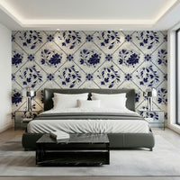 Vintage Indigo Floral Tiles Wallpaper in living room, indigo tile florals.