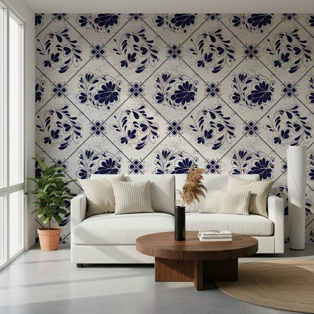 Vintage Indigo Floral Tiles Wallpaper in bedroom, indigo and cream tile repeat, feature wall