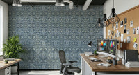 Minimalist Indigo Flow peel and stick wallpaper showing curved symmetry.
