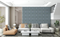 Indigo Flow wallpaper mural with interlocking azure wave shapes.