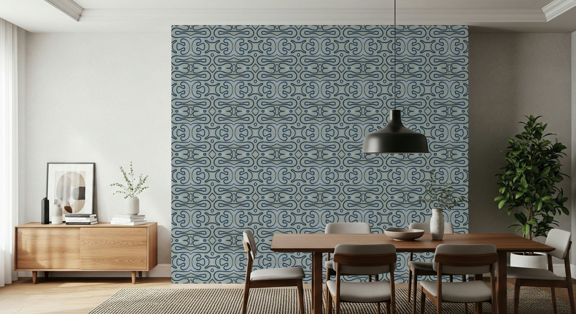 Indigo Flow wallpaper mural showcasing mesmerizing cobalt fluid geometry.