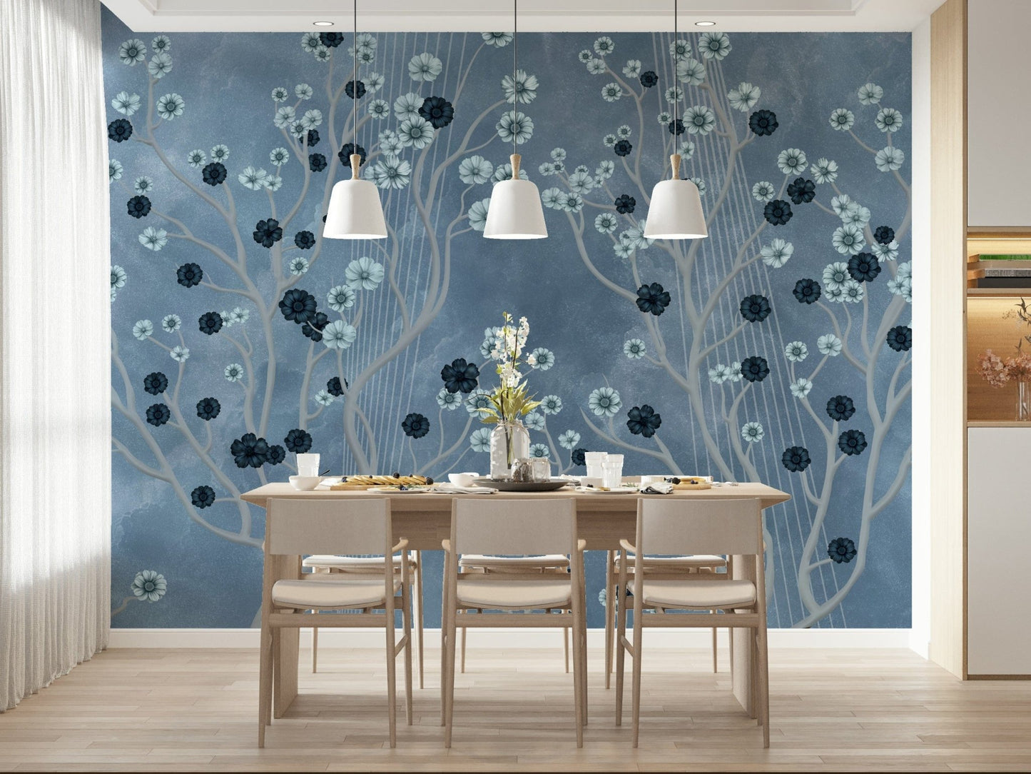 Indigo blooms mural on dining feature wall, muted modern colours