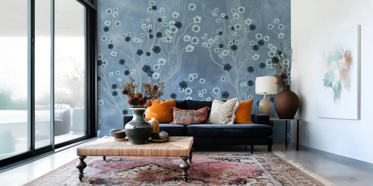 Indigo floral mural in a flat lounge, modern feature wall depth