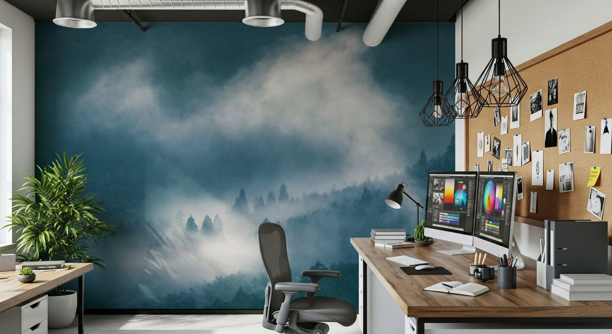 Indigo Woodland Sentinel wallpaper for walls, atmospheric blue woods.