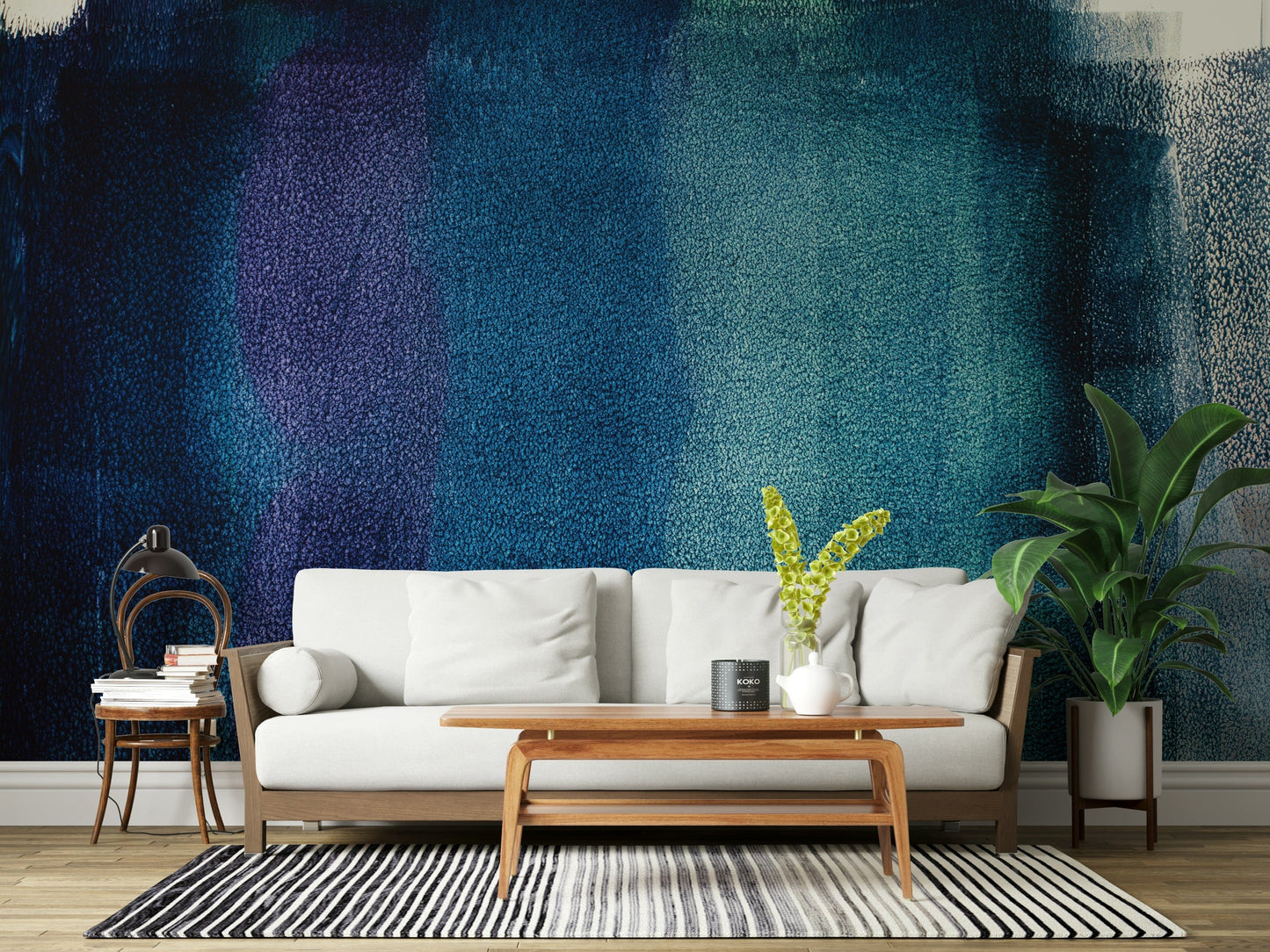 Artistic indigo textured mural creating a serene and modern atmosphere